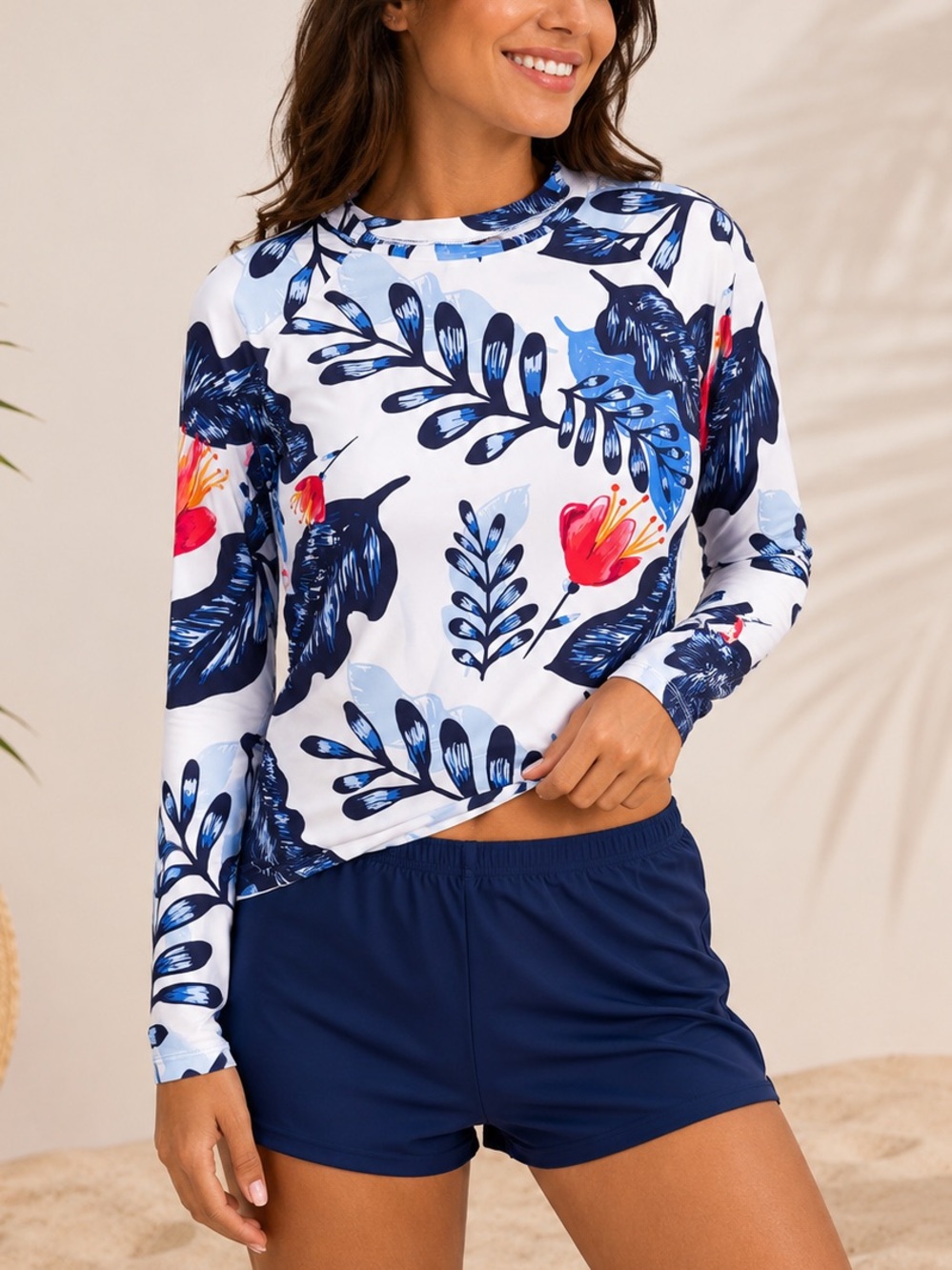 NWT Amazon White Long Sleeve Rash Guard with Navy & Red Floral Print Swim Suit